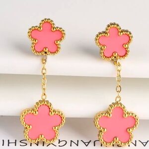 Alhambra Pink Luck Four Clover Gold Flower Stainless Steel Drop Earrings